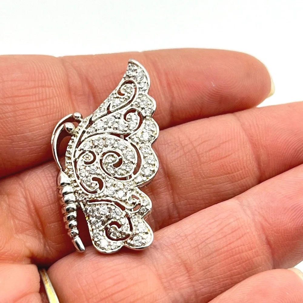 925 Sterling Silver Cubic Zirconia Butterfly Wing Brooch Pin Filigree Scroll